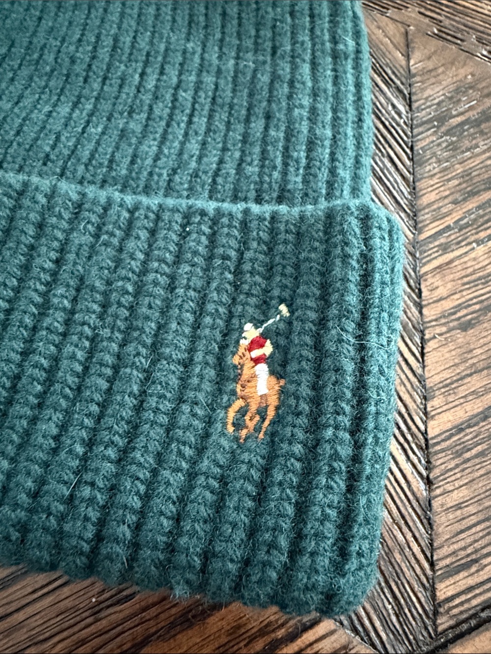 Polo Ralph Lauren Dark Green Wool Blend Ribbed Knit Beanie Embroidered Pony Logo - Picture 3 of 5
